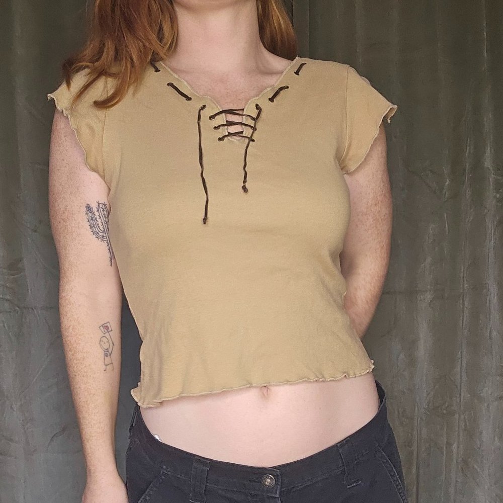 y2k McBling Western Coastal Cowgirl Leather Lace Up Tan Baby Doll Tee